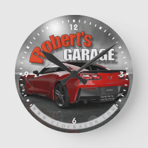 Personalisierte Namenskorvette-Garagen-Uhr Runde Wanduhr