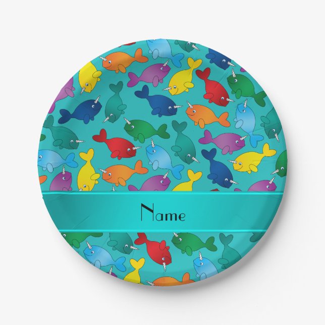 Personalisierte Namenstürkisregenbogen narwhals Pappteller (Vorderseite)