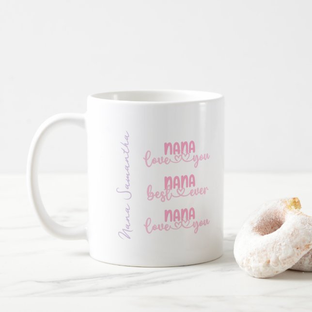 Personalisierte Nana Pink Typografie Kaffeetasse (Mit Donut)