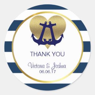 Personalisierte Nautical Navy Gold Heart Wedding Runder Aufkleber