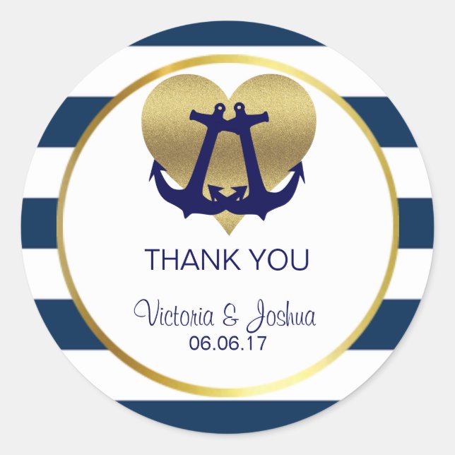 Personalisierte Nautical Navy Gold Heart Wedding Runder Aufkleber (Vorderseite)