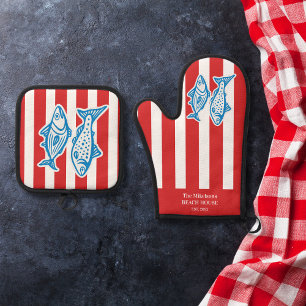 Personalisierte Nautical Red Sardine Streifen Ofenhandschuh & Topflappen-Set