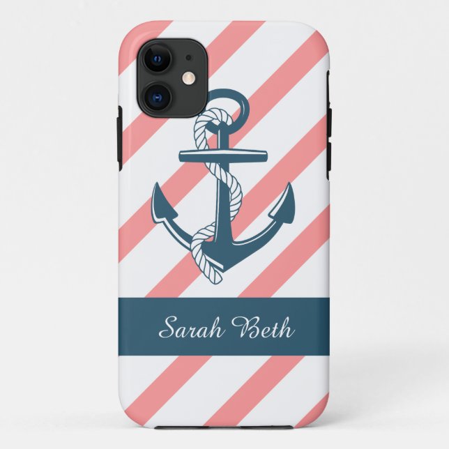 Personalisierte Nautik, Blauer Anker und Rose Stre Case-Mate iPhone Hülle (Rückseite)