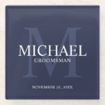 Personalisierte Nautische Navy-Trauzeuge Glasuntersetzer<br><div class="desc">Fügen Sie Ihrer Hochzeit eine persönliche Touch mit personalisierten Trauzeugen Glas Untersetzer. Dieser Untersetzer zeigt den Namen des personalisierten Trauzeugen mit dem Titel und dem Hochzeitdatum in Weiß und Mongramm in hellblau als Hintergrund,  im klassischen Serif-Schriftart-Stil,  auf marineblau Hintergrund. Auch perfekt für Trauzeuge,  Brautvater,  Ringträger und mehr.</div>