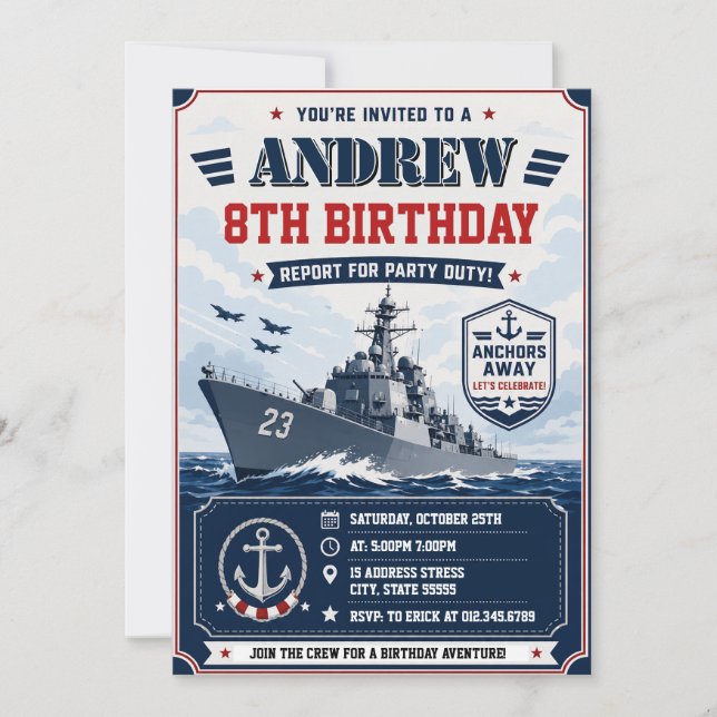 Personalisierte Navy-Armee-Schiff-Geburtstagsfeier Einladung (Vorderseite)