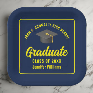 Personalisierte Navy Blau Gelbe Abschlussfeier Pappteller