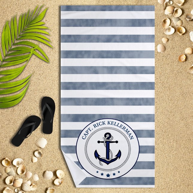 Personalisierte Navy-Streifen und Anker Strandtuch (Von Creator hochgeladen)