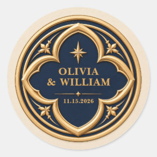 Personalisierte Navy- und Gold-Hochzeit Runder Aufkleber