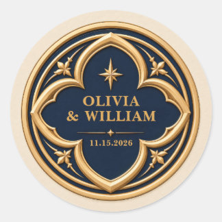 Personalisierte Navy- und Gold-Hochzeit Runder Aufkleber