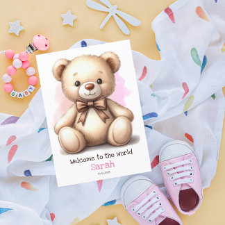 Personalisierte neue Baby Pink Teddy Bärenkarte Karte