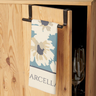 Personalisierte neutrale und blaue Blumenmuster Geschirrtuch