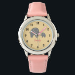 Personalisierte, niedlich-rosa-graue Elefantenmädc Armbanduhr<br><div class="desc">Personalisierte niedliche, rosa, graue Elefantenmädchen sehen zu. Personalisierbare Armbanduhren für Kinder. Girly Birthday oder Weihnachten Geschenk Idee für kleine Mädchen. Zoo / Wildtiere Vektordesign. Machen Sie Ihren eigenen Zeitmesser für Tochter, Enkelin, Enkelkind usw. Fügen Sie Ihren eigenen individuelle Name oder Monogramm Kinderbriefe hinzu. Gelber Polka dotiert Hintergrundmuster. Schrift-Typografie-Vorlage. Rosa Lederband....</div>