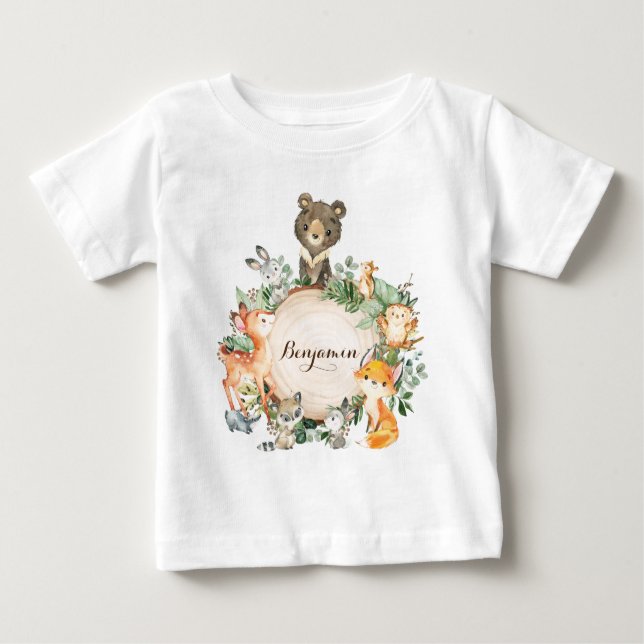Personalisierte Niedliche Baby-Woodland-Waldtiere Baby T-shirt (Vorderseite)