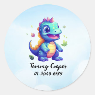 Personalisierte Niedliche Dinosaurier, Name, Telef Runder Aufkleber