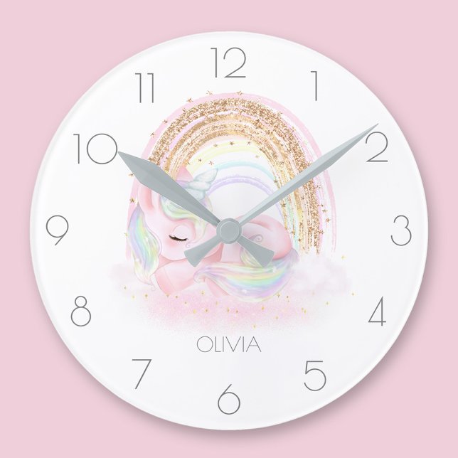 Personalisierte niedliche Einhornmädchen Regenboge Runde Wanduhr (Personalized cute unicorn girl rainbow round clock)