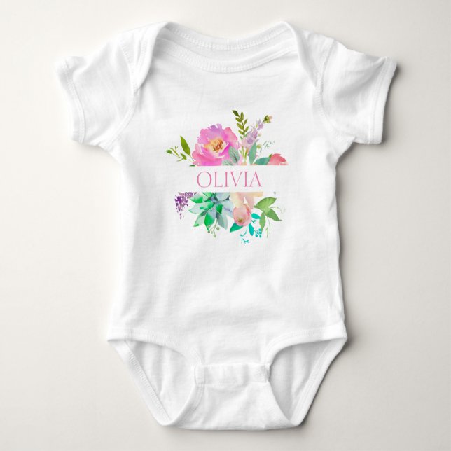 Personalisierte Niedliche Farbflora Rosa Rosa Baby Strampler (Vorderseite)
