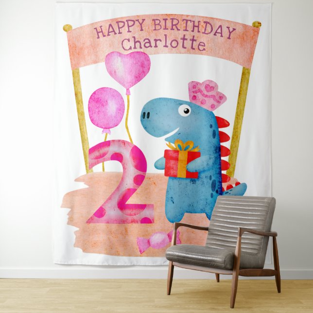 Personalisierte Niedliche Girly Dinosaur 2 Jahre G Wandteppich (Beispiel)