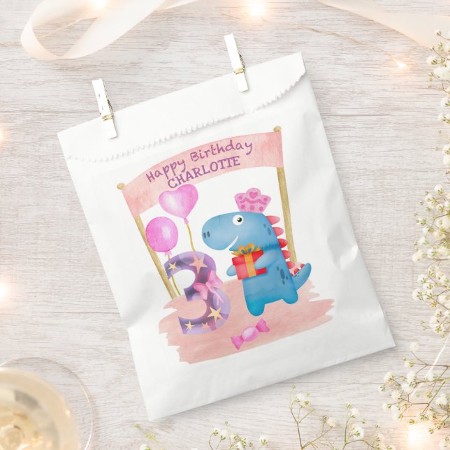 Personalisierte Niedliche Girly Dinosaur 3 Jahre G Geschenktütchen (Ausgeschnitten)