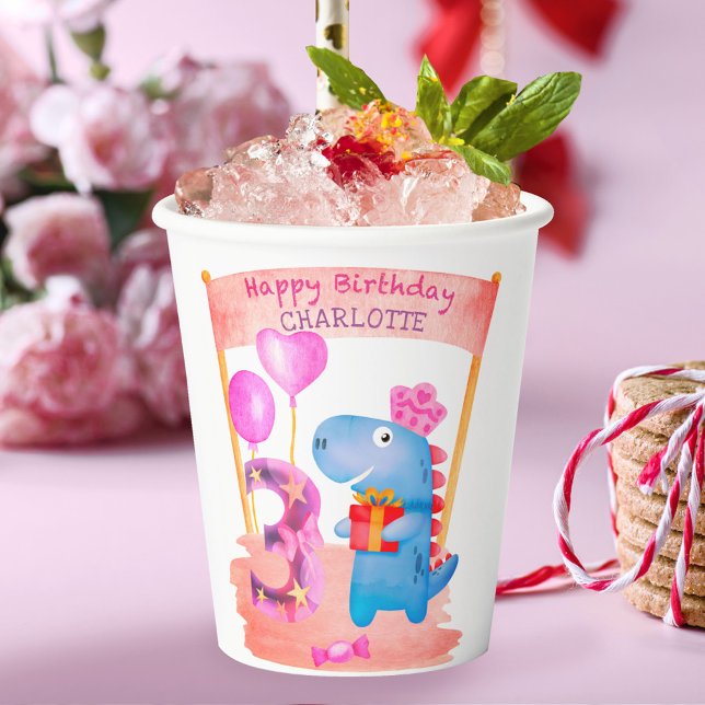 Personalisierte Niedliche Girly Dinosaur 3 Jahre G Pappbecher (Von Creator hochgeladen)