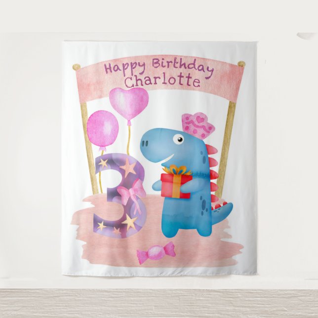 Personalisierte Niedliche Girly Dinosaur 3 Jahre G Wandteppich (Vorderseite)