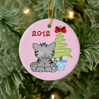 Personalisierte Niedliche graue Katze mit Weihnach Keramik Ornament