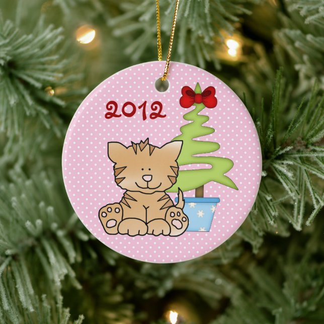 Personalisierte Niedliche Katze und Weihnachtsbaum Keramikornament (Baum)