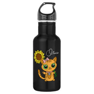 Personalisierte Niedliche Kawaii Cat Holding-Blume Edelstahlflasche