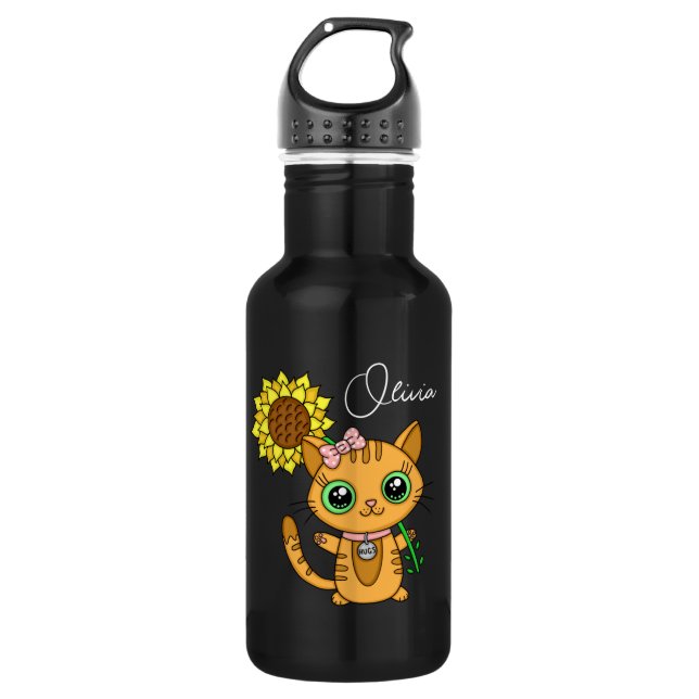 Personalisierte Niedliche Kawaii Cat Holding-Blume Edelstahlflasche (Vorderseite)