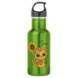 Personalisierte Niedliche Kawaii Cat Holding-Blume Edelstahlflasche