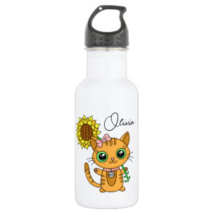 Personalisierte Niedliche Kawaii Cat Holding-Blume Edelstahlflasche