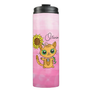 Personalisierte Niedliche Kawaii Cat Holding-Blume Thermosbecher