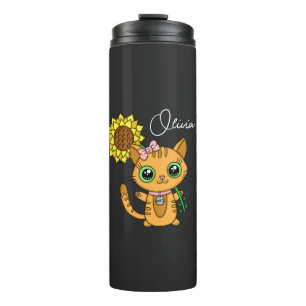 Personalisierte Niedliche Kawaii Cat Holding-Blume Thermosbecher