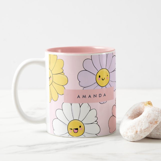 Personalisierte Niedliche Kawaii Pastel Daisy Blum Zweifarbige Tasse (Mit Donut)