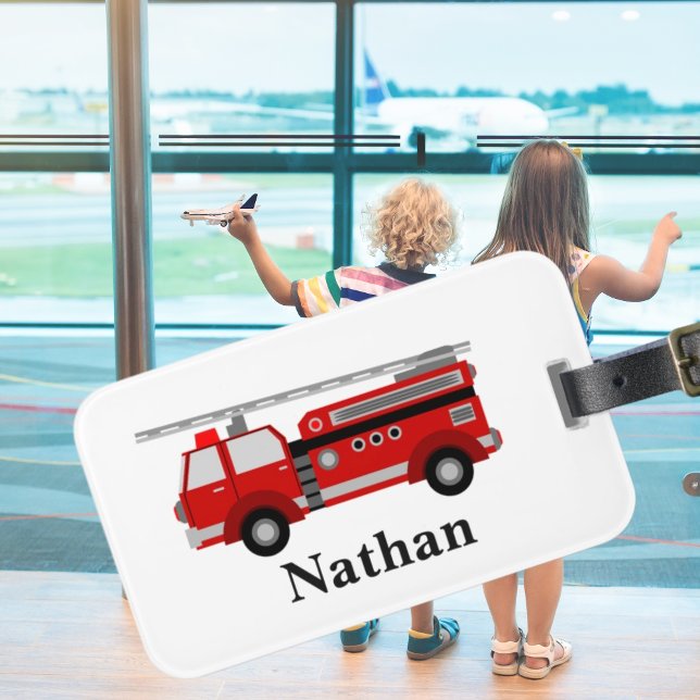 Personalisierte Niedliche Kinder Red Firecar Gepäc Gepäckanhänger (cute modern red fire engine luggage tag for boys love fire truck gift christmas stocking filler)