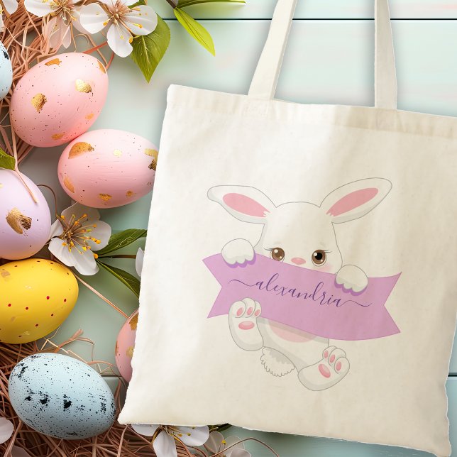Personalisierte Niedliche Lila Ribbon Osterbrücke  Tragetasche (Personalized Cute Purple Ribbon Easter Bunny Girl Tote Bag)