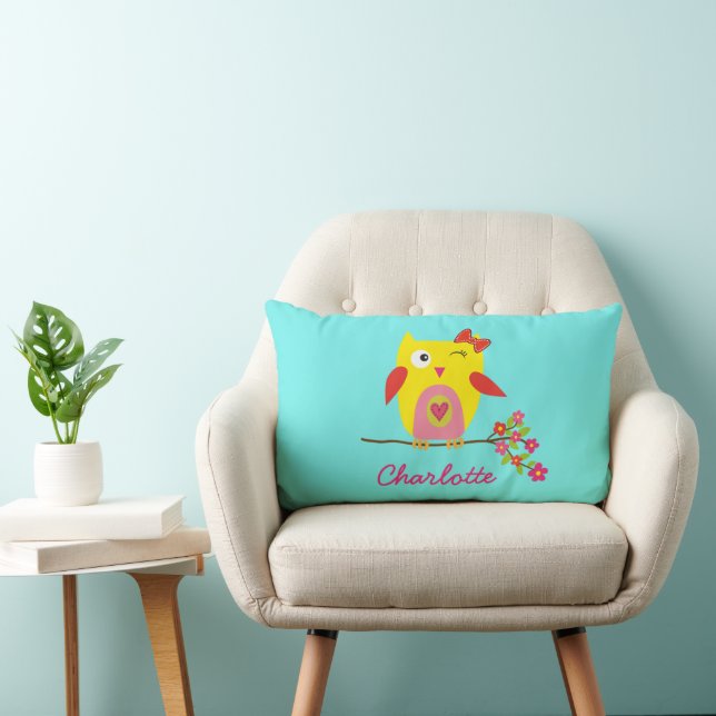 Personalisierte Niedliche Owl Yellow Pink-Blume Lendenkissen (Stuhl )