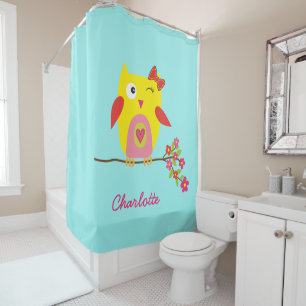 Personalisierte Niedliche Owl Yellow Pink Illustra Duschvorhang