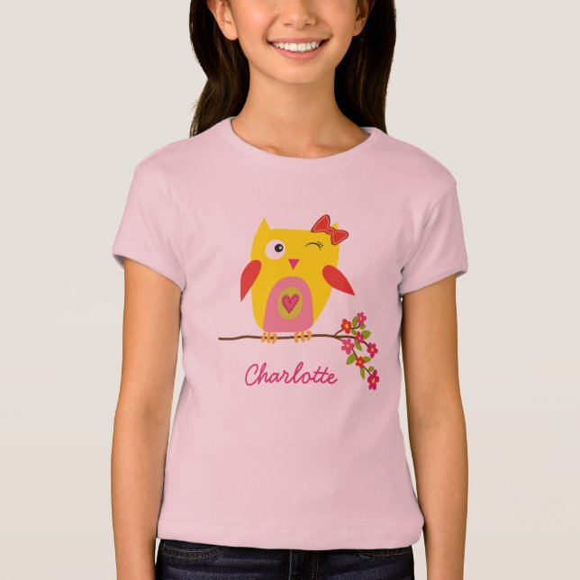 Personalisierte Niedliche Owl Yellow Pink Illustra T-Shirt (Vorderseite)