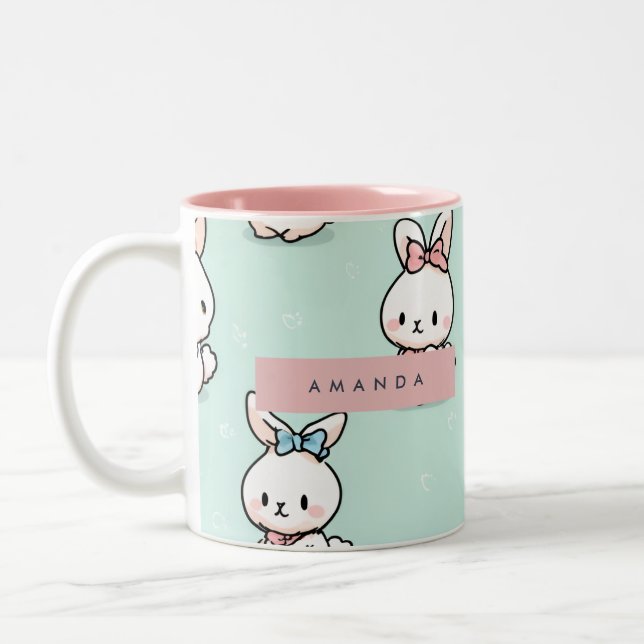 Personalisierte Niedliche Pastell Bunny Pattern Zweifarbige Tasse (Links)