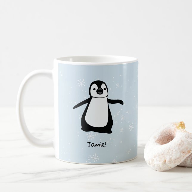 Personalisierte Niedliche Pinguin-Winterschneefloc Kaffeetasse (Mit Donut)