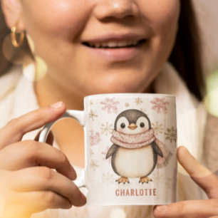 Personalisierte Niedliche Pink Winter Pinguine Wei Kaffeetasse