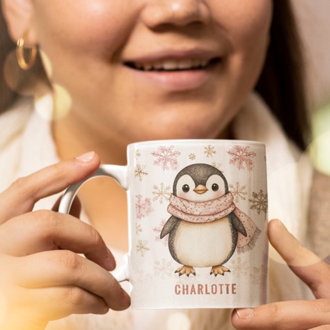 Personalisierte Niedliche Pink Winter Pinguine Wei Kaffeetasse (Personalized Cute Pink Winter Penguin Christmas Coffee Mug)