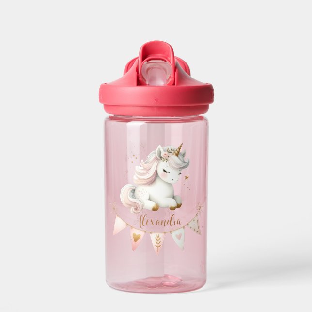 Personalisierte Niedliche rosa Kinder Einhorn Trinkflasche (Vorne)