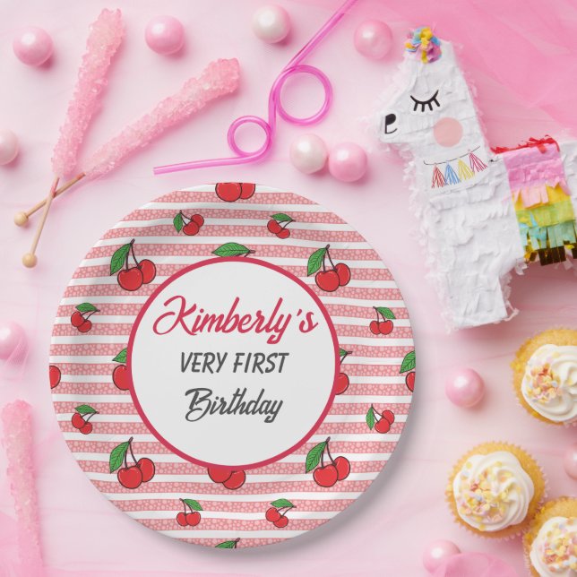 Personalisierte Niedliche rosa Streifen mit Kirsch Pappteller (Party)
