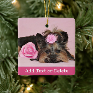 Personalisierte Niedliche Yorkie-Welpe mit rosa Ro Keramikornament