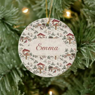 Personalisierte nordische Weihnachts-Vogelhäuschen Keramik Ornament