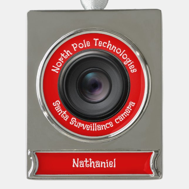 Personalisierte Novelty Santa Camera Banner-Ornament Silber (Vorderseite)