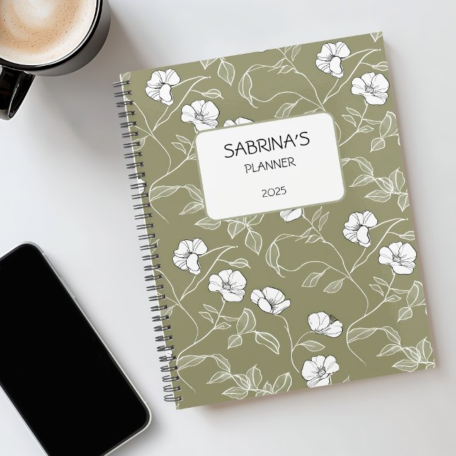 Personalisierte Olive Green Floral Minimalistisch  Planer (Personalized Floral White Name Olive Green Minimalist Undated Planner)