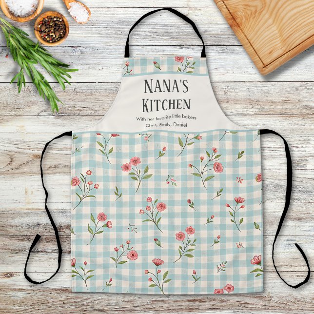 Personalisierte Oma-Küche Blau Gingham Blumenmuste Schürze (Von Creator hochgeladen)