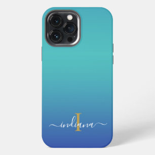 Personalisierte Ombre-Monogramm-Blau-Türkis-Schrif iPhone 13 Pro Max Hülle